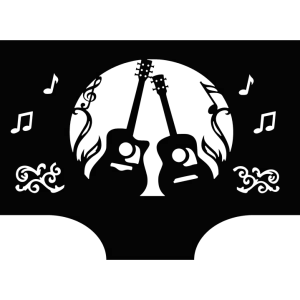 Black steel fire pit with a circular design featuring precision-cut guitars and musical notes. 'Music & Friends' is prominently displayed, creating a warm, inviting atmosphere perfect for outdoor gatherings.